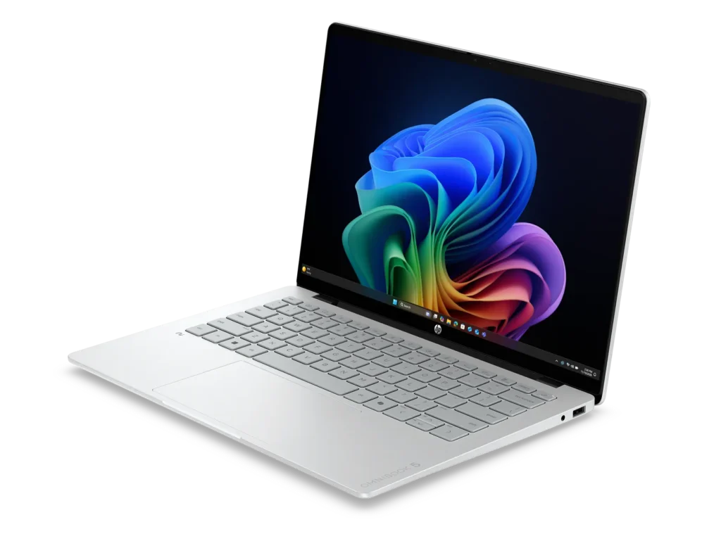 Front-left view of the HP OmniBook 5 laptop with its display open.
