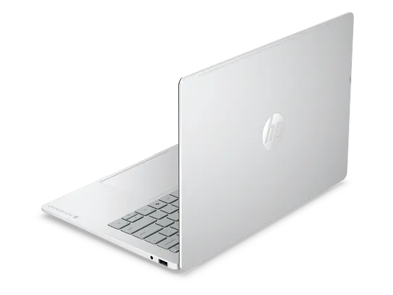 Rear-left view of the HP OmniBook 5 laptop in Glacier Silver.
