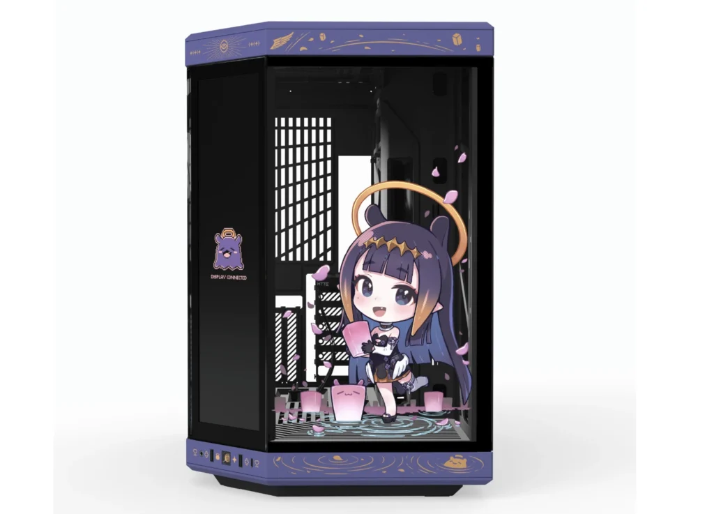 HYTE Launches Ninomae Ina'nis Y70 Touch Infinite With Custom hololive Design and Keycap Set 2 Front view of the HYTE Y70 Ninomae Ina'nis edition case with integrated display and themed artwork.