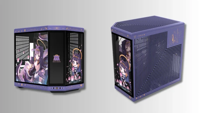 HYTE Y70 special edition PC case featuring Ninomae Ina'nis artwork on the tempered glass panels.