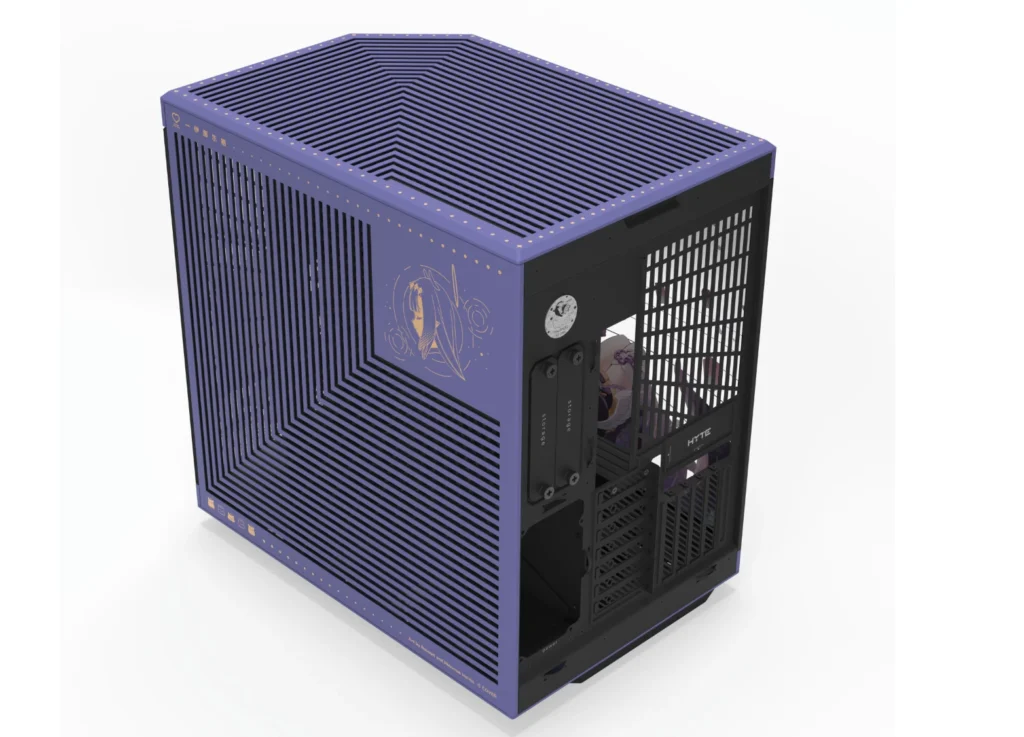 HYTE Launches Ninomae Ina'nis Y70 Touch Infinite With Custom hololive Design and Keycap Set 3 Rear and side view of the HYTE Y70 Ninomae Ina'nis edition showcasing its ventilated purple chassis.
