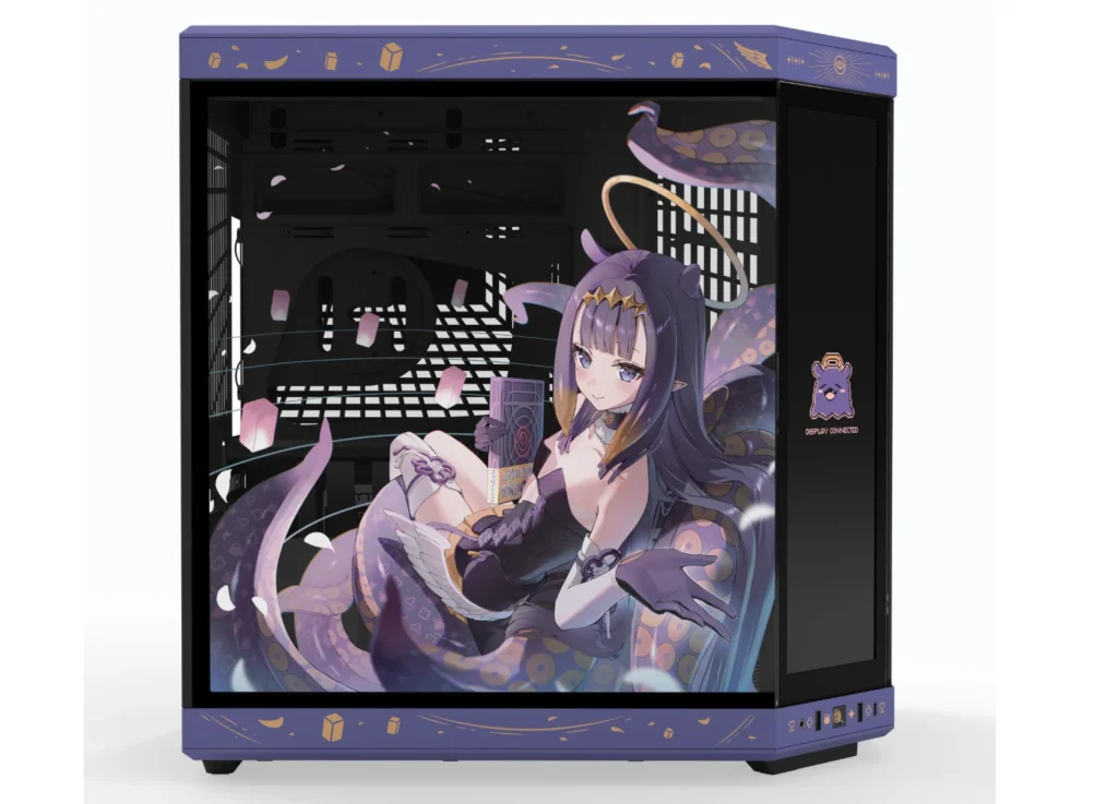 HYTE Launches Ninomae Ina'nis Y70 Touch Infinite With Custom hololive Design and Keycap Set 1 Side tempered glass panel of the HYTE Y70 featuring exclusive Ninomae Ina'nis illustration.