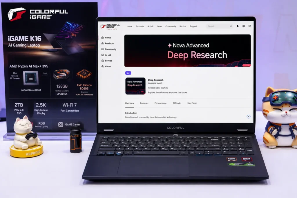 COLORFUL iGame K16 AI gaming laptop powered by AMD Ryzen AI Max+ 395 showcased with Nova Advanced Deep Research.