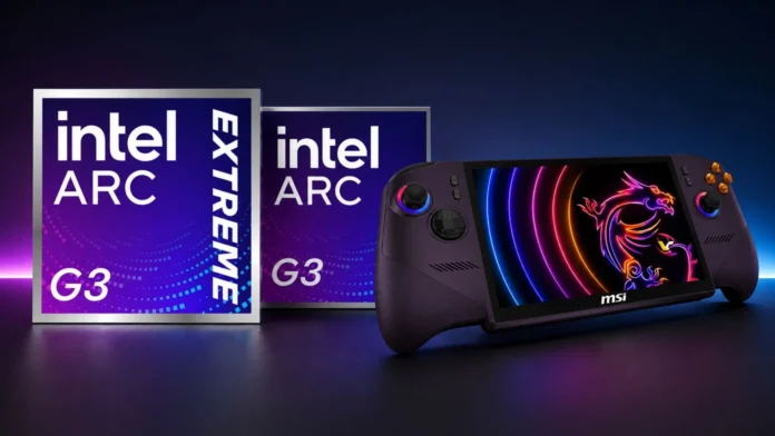 Intel Arc G3 and Arc G3 Extreme branding displayed next to an MSI gaming handheld powered by the Intel Arc G3 platform.