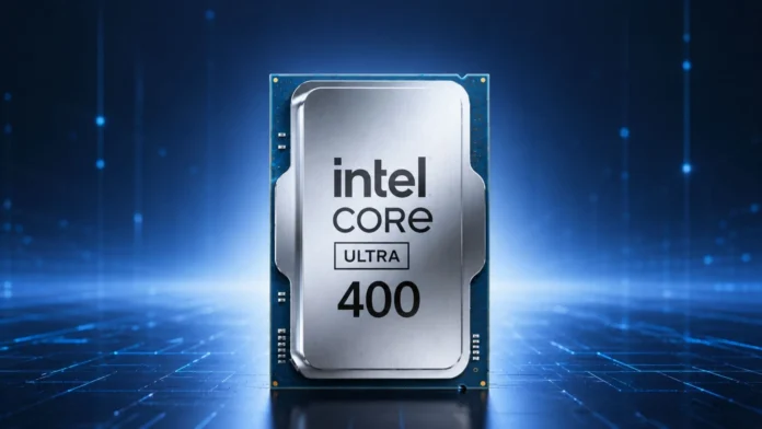 Intel Core Ultra 400 Nova Lake desktop processor shown against a blue digital background.
