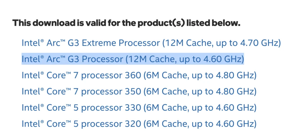 Intel Lists Arc G3 Processor in Graphics Driver 32.0.101.8864 1 Screenshot showing Intel Arc G3 processor support in an Intel software download compatibility list, including Intel Arc G3 and Arc G3 Extreme processors