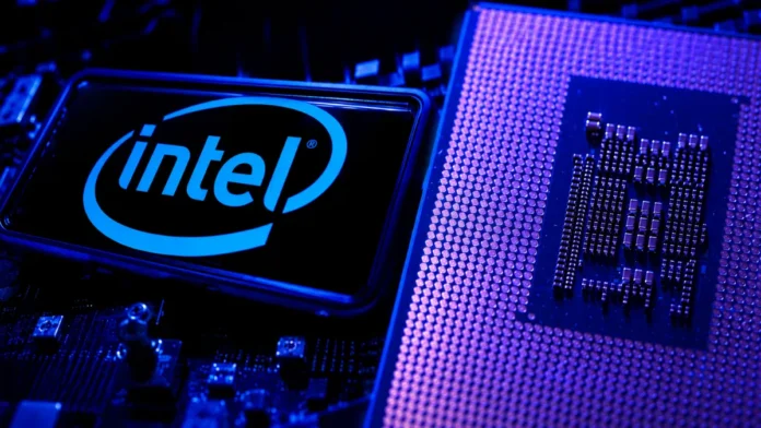 Intel Panther Lake processor alongside the Intel logo, highlighting the company's first chips manufactured with ASML High NA EUV lithography.
