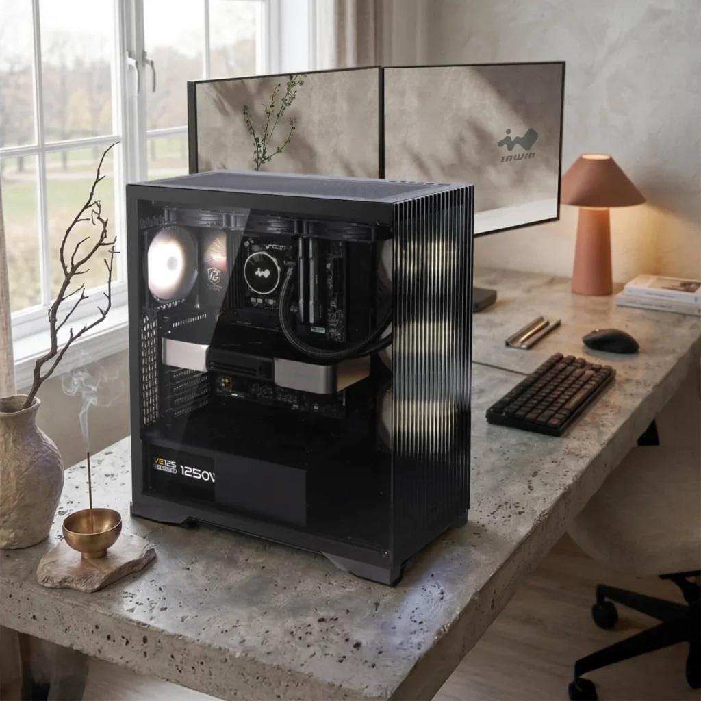 InWin L50 Breeze PC case displayed in a modern desk setup with dual monitors.