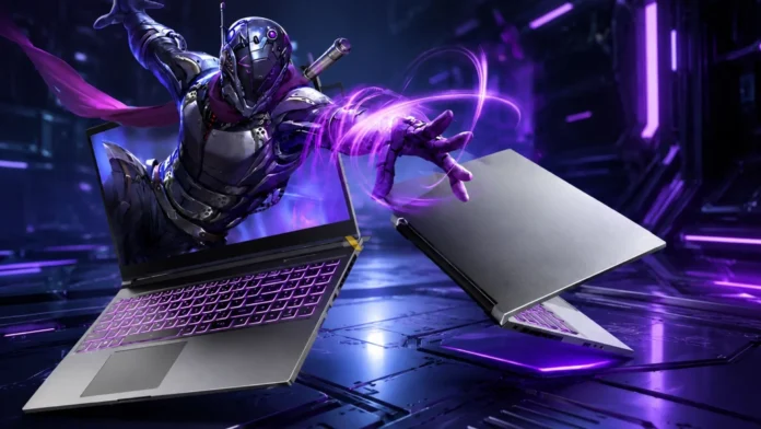 Jiaolong 15K gaming laptop with a 15.6-inch 144Hz display, RGB keyboard, and futuristic gaming artwork.