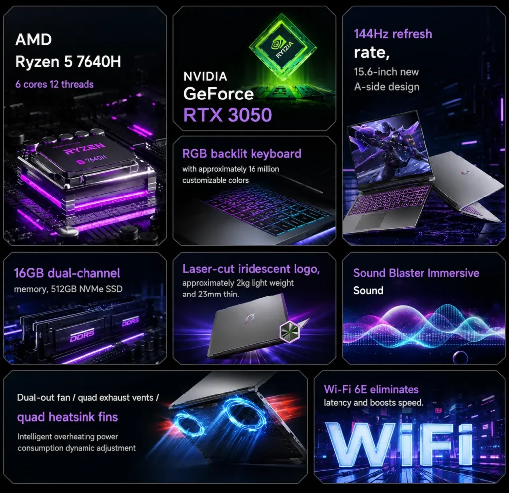 Mechrevo Launches Jiaolong 15K With Ryzen 5 7640H and GeForce RTX 3050 1 Feature overview of the Jiaolong 15K gaming laptop highlighting the AMD Ryzen 5 7640H processor, NVIDIA GeForce RTX 3050 GPU