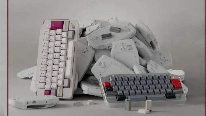Multiple KeyBoy Advance mechanical keyboards displayed with retro Game Boy Advance-style shells in different color combinations.