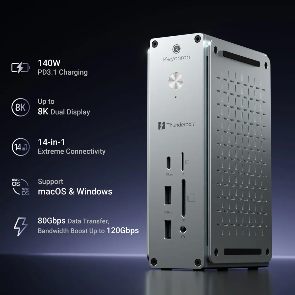 Keychron Releases First Docking Station With Thunderbolt 5, and 14 Ports 1 Keychron Thunderbolt 5 Dock 14-in-1 showcasing its aluminum design with support for 140W PD 3.1 charging, dual 8K display output, 14 connectivity ports, Thunderbolt 5 bandwidth up to 120Gbps, and compatibility with Windows and macOS.