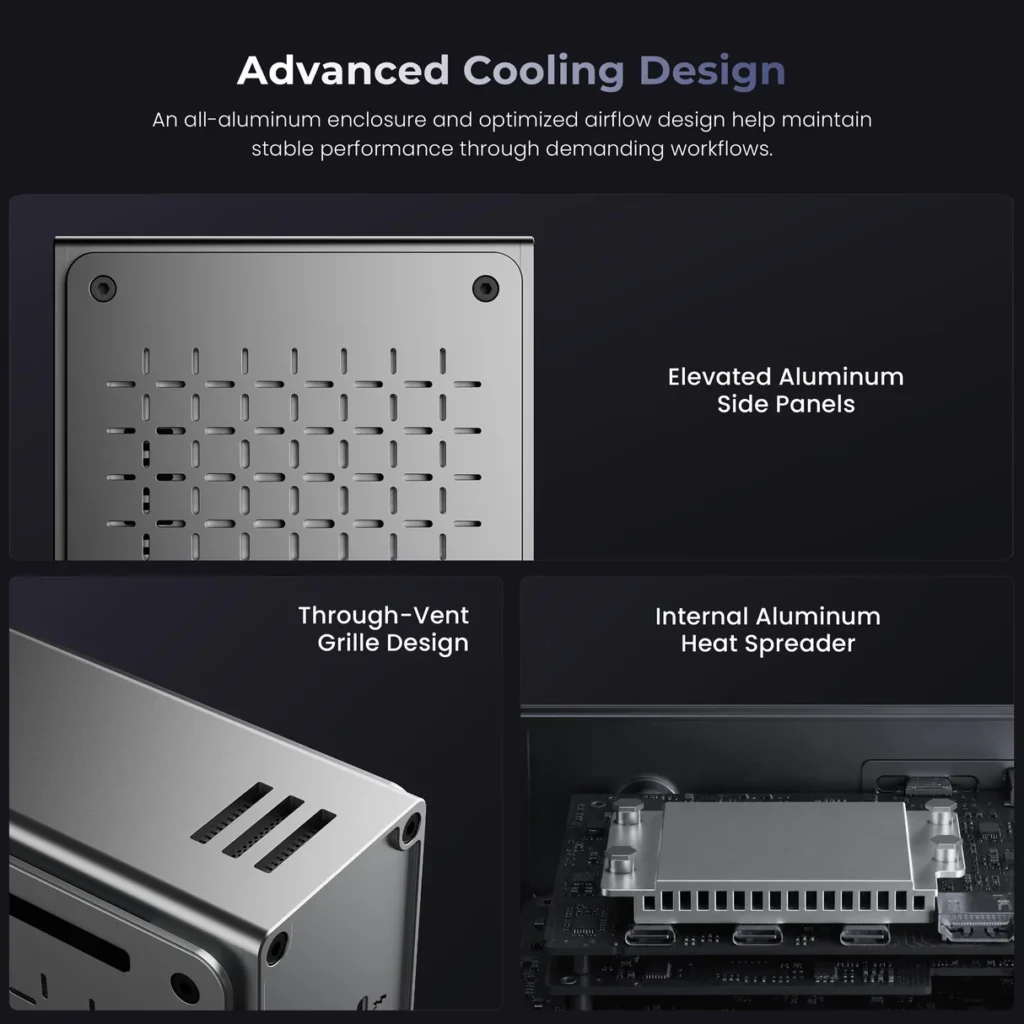 Keychron Releases First Docking Station With Thunderbolt 5, and 14 Ports 4 Keychron Thunderbolt 5 Dock highlighting its advanced cooling design with an all-aluminum enclosure, ventilated side panels, airflow grille, and internal aluminum heat spreader for improved thermal performance.