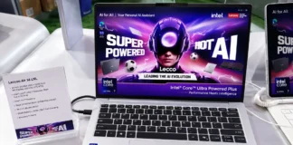 Lenovo Lecoo Air 14 LNL Arrives With Lunar Lake and 2.8K 120Hz Display Front view of the Lenovo Lecoo Air 14 LNL laptop displaying an AI-themed wallpaper, Intel Core Ultra branding, full-size keyboard, and slim-bezel 14-inch display.