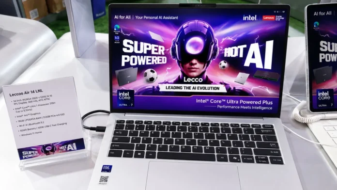 Front view of the Lenovo Lecoo Air 14 LNL laptop displaying an AI-themed wallpaper, Intel Core Ultra branding, full-size keyboard, and slim-bezel 14-inch display.