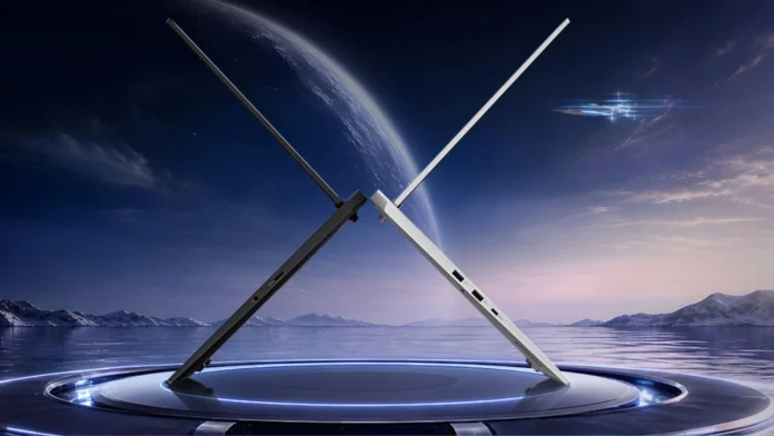 Black and white Lecoo Fighter 7000X gaming laptops displayed in a crossed profile view, highlighting the ultra-thin chassis and side I/O ports.