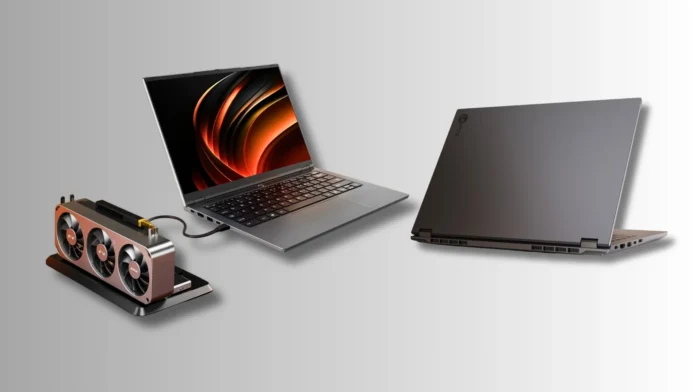 Lenovo Lecoo Pro 14 connected to an external graphics card through OCuLink alongside a rear view of the laptop.