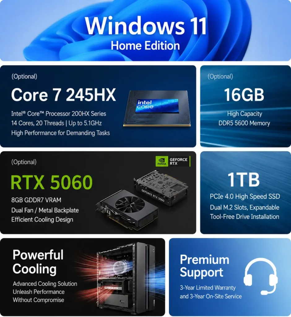 Lenovo Releases GeekPro gaming Desktop Mobile Core 7-245HX With RTX 5060 for $1,470 1 Lenovo GeekPro desktop specifications showing Intel Core 7 245HX processor, optional GeForce RTX 5060 graphics, DDR5 memory, PCIe 4.0 SSD, and Windows 11.