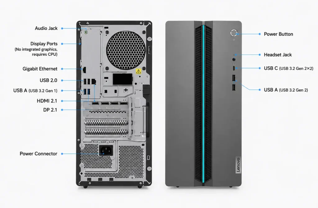 Lenovo Releases GeekPro gaming Desktop Mobile Core 7-245HX With RTX 5060 for $1,470 3 Rear and front I/O layout of the Lenovo GeekPro desktop showing USB ports, HDMI, DisplayPort, Ethernet, audio jack, and USB-C connectivity.
