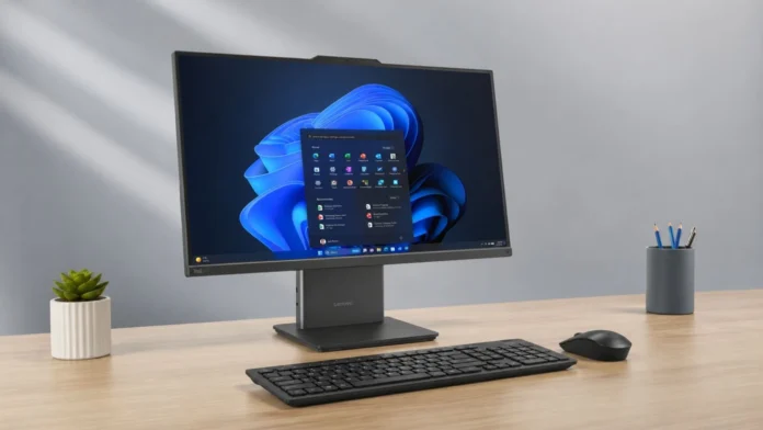 Lenovo ThinkCentre Neo 50a Gen 6 all-in-one PC set up on a desk with a keyboard and mouse.