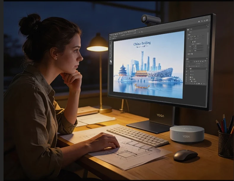 Lenovo Launches YOGA AI MINI With Core Ultra X7 358H and 64GB RAM 1 Lenovo YOGA AI MINI desktop powering a creative workstation with a monitor and peripherals