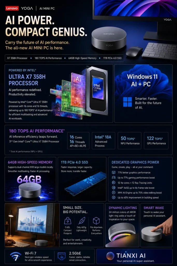 Lenovo Launches YOGA AI MINI With Core Ultra X7 358H and 64GB RAM 3 Lenovo YOGA AI MINI specifications highlighting the Core Ultra X7 358H processor, 64GB RAM, and 180 TOPS AI performance