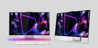 Lenovo Yoga AIO i Aura Edition Now Available in the US Front and angled views of the Lenovo Yoga AIO 9i showcasing its thin-bezel display.