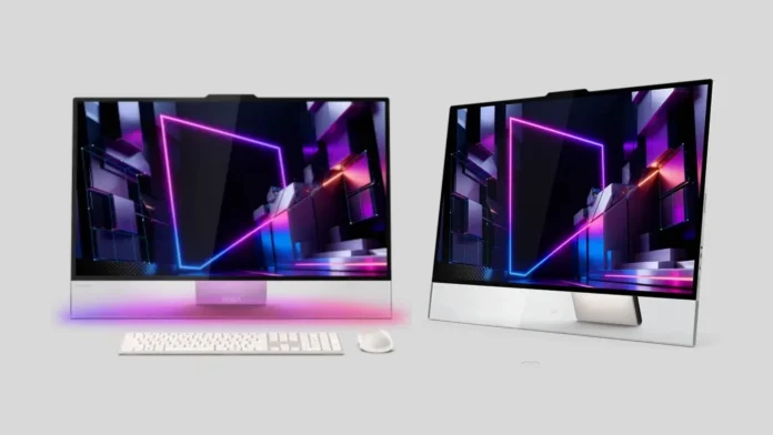 Front and angled views of the Lenovo Yoga AIO 9i showcasing its thin-bezel display.
