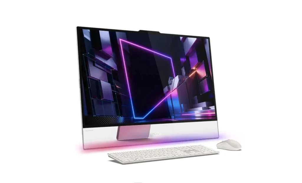 Lenovo Yoga AIO 9i all-in-one desktop with wireless keyboard and mouse.