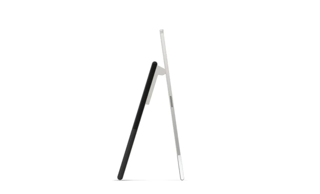Side profile of the Lenovo Yoga AIO 9i all-in-one desktop showing its slim design and integrated stand.