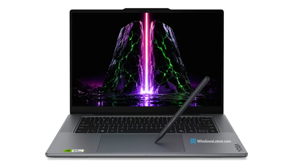 Lenovo Reveals Yoga 9n 2-in-1 Leak NVIDIA RTX Spark Laptop 4 Front view of the Lenovo Yoga Pro 9n laptop with a high-resolution display and stylus placed on the touchpad.