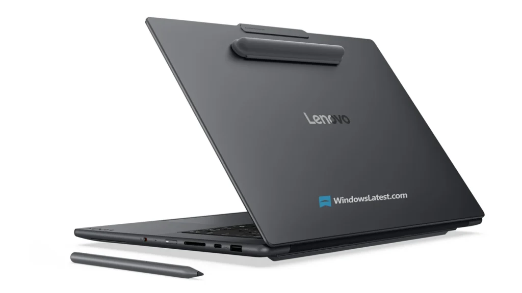 Lenovo Reveals Yoga 9n 2-in-1 Leak NVIDIA RTX Spark Laptop 5 Rear view of the Lenovo Yoga Pro 9n showing the metal chassis, hinge, and included stylus.