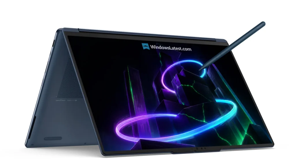 Lenovo Reveals Yoga 9n 2-in-1 Leak NVIDIA RTX Spark Laptop 2 Lenovo Yoga 9n convertible laptop in tent mode with stylus support and touchscreen display.
