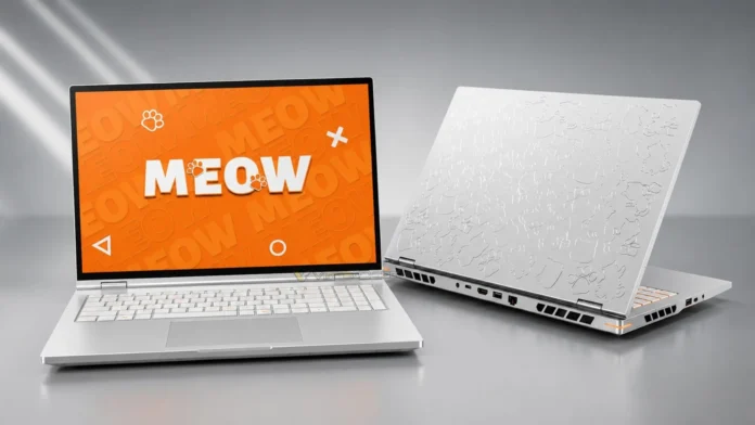 COLORFIRE MEOW R16 Ultra gaming laptop featuring a white chassis with cat-themed artwork.