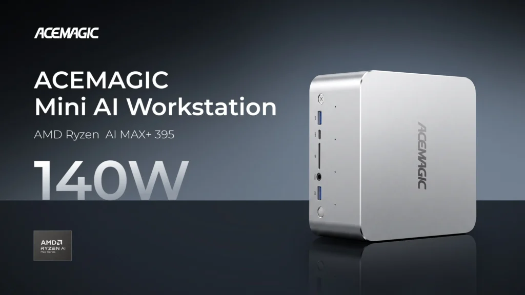 Promotional image of the ACEMAGIC F9A 2L Mini AI Workstation featuring the AMD Ryzen AI MAX+ 395 processor and 140W performance mode.
