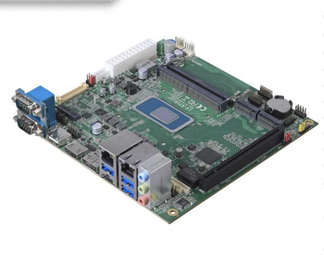 Angled view of the Mini-ITX mobile motherboard showcasing the onboard Intel mobile CPU, dual SO-DIMM DDR5 slots, PCIe expansion slot, rear I/O connectors, storage interfaces, and compact embedded system design.
