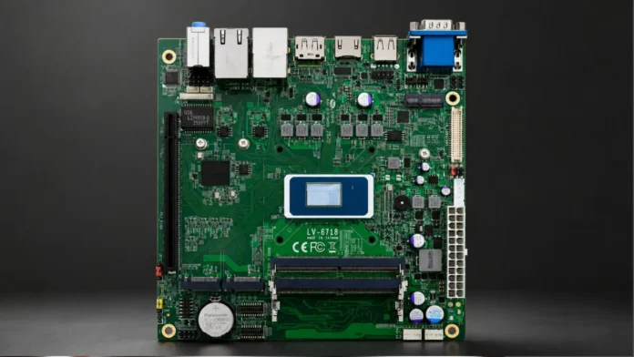 Front view of the Mini-ITX mobile motherboard with an integrated Intel mobile processor, dual SO-DIMM DDR5 memory slots, PCIe expansion slot, SATA connectors, USB ports, HDMI, DisplayPort, Gigabit Ethernet, and industrial-grade I/O layout.