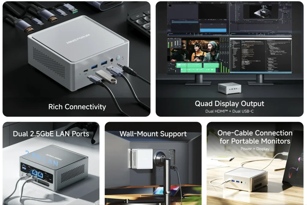 Minisforum Launchs NAB9S Mini Pc With Core i9-13900HK, Starts at $399 1 MINISFORUM NAB9S mini PC showcasing rich connectivity, quad display output, dual 2.5GbE LAN ports, wall-mount support, and one-cable portable monitor connectivity for modern desktop setups.