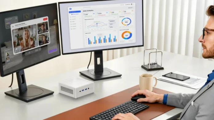 MINISFORUM NAB9S mini PC powering a dual-monitor workstation with productivity software, video conferencing, and business applications for multitasking in a compact desktop setup.