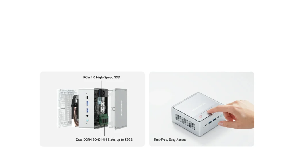 Minisforum Launchs NAB9S Mini Pc With Core i9-13900HK, Starts at $399 3 MINISFORUM NAB9S mini PC showing its tool-free access design with support for PCIe 4.0 NVMe SSD storage and dual DDR4 SO-DIMM memory slots, making hardware upgrades and maintenance quick and convenient.