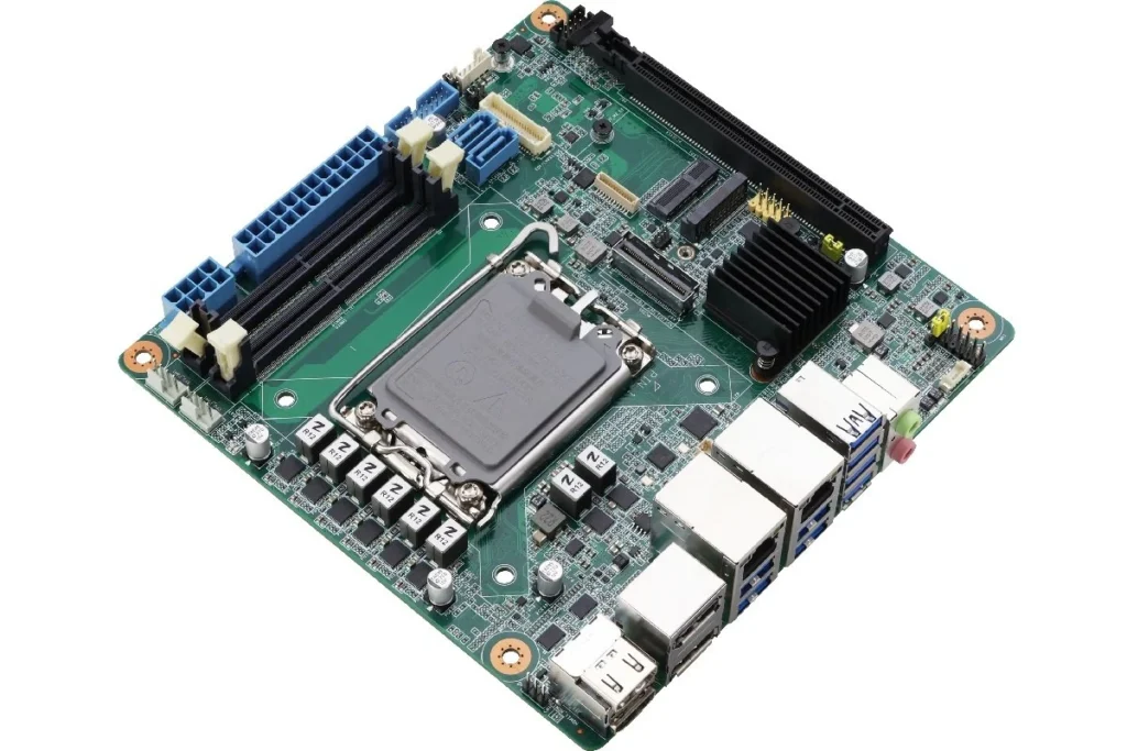 AAEON Launches MIX-Q870A1 Motherboard With Intel Core Ultra 200S and 36 TOPS AI 2 Angled view of the MIX-Q870A1 motherboard highlighting the Intel LGA1851 socket, DDR5 memory slots, PCIe x16 slot, and rear I/O connectors.
