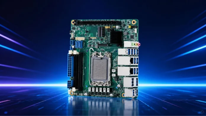 MIX-Q870A1 industrial Mini-ITX motherboard displayed against a blue illuminated background with Intel LGA1851 socket and expansion slots.