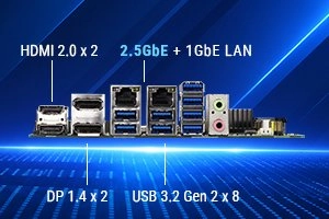 AAEON Launches MIX-Q870A1 Motherboard With Intel Core Ultra 200S and 36 TOPS AI 5 Rear I/O panel of the MIX-Q870A1 motherboard showing HDMI, DisplayPort, USB 3.2 Gen 2, USB 2.0, dual LAN, and audio ports.