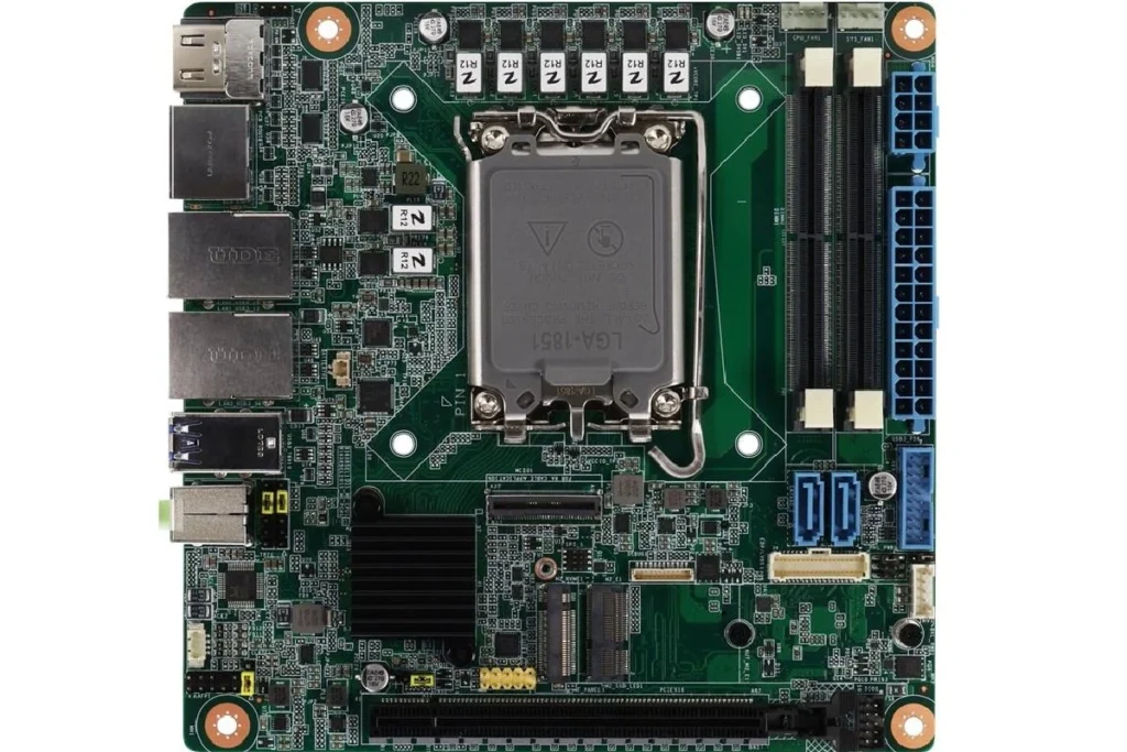 AAEON Launches MIX-Q870A1 Motherboard With Intel Core Ultra 200S and 36 TOPS AI 1 Front view of the MIX-Q870A1 Mini-ITX motherboard with Intel LGA1851 socket, dual DDR5 memory slots, PCIe x16 slot, SATA ports, and M.2 connectors.