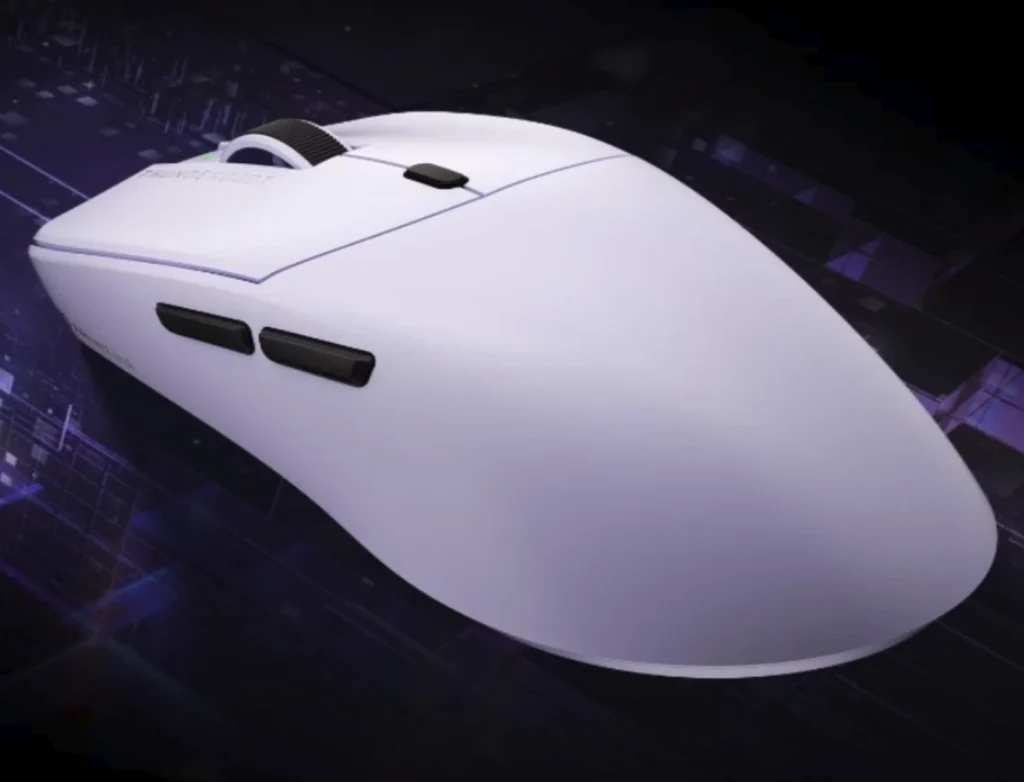 White ML6PRO wireless gaming mouse with dual side buttons and scroll wheel.