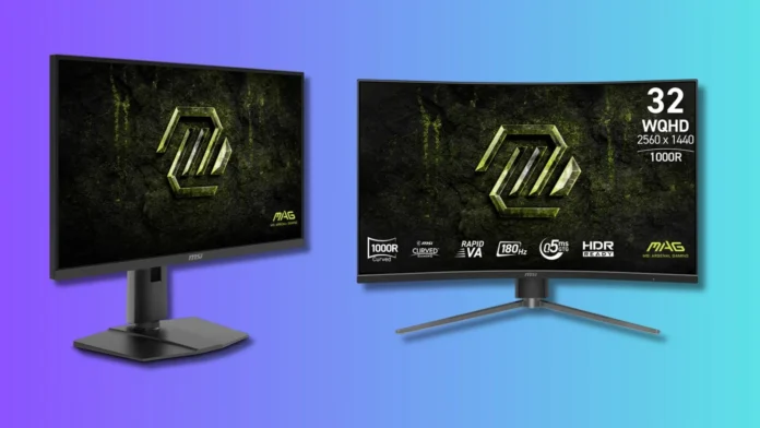 MSI MAG 274QPF X32 and MAG 325CQPF E18 gaming monitors with WQHD displays, 180Hz refresh rate, and Rapid VA panels.