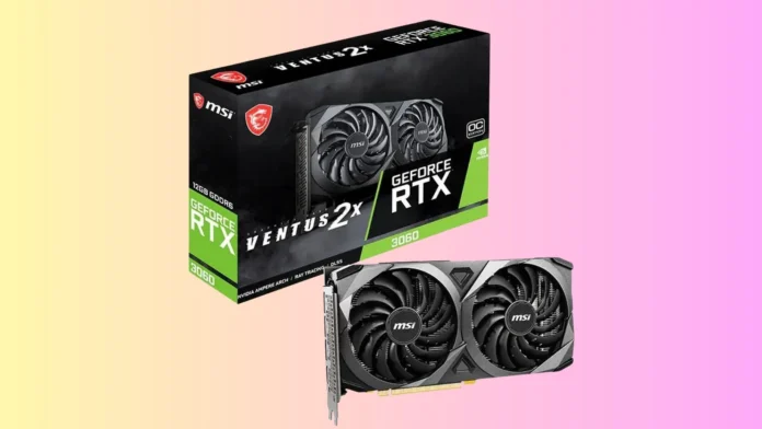 MSI GeForce RTX 3060 Ventus 2X 12GB graphics card pictured alongside its retail box.