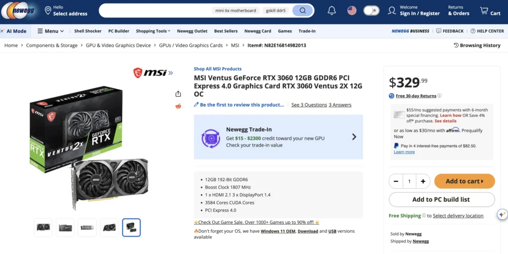 MSI RTX 3060 12GB Graphics Card Relaunched at $329 2 Newegg listing showing the MSI GeForce RTX 3060 Ventus 2X 12GB graphics card priced at $329.99 following the GPU's relaunch.