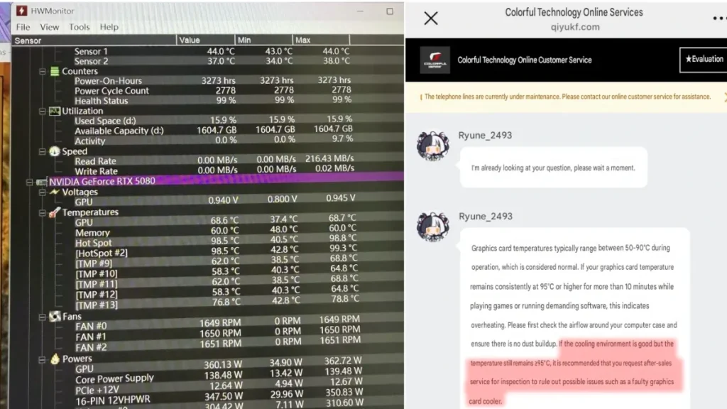NVIDIA RTX 50 Hotspot Temperature Reports Prompt GPU Warranty Inspections 1 HWMonitor displaying NVIDIA GeForce RTX 5080 hotspot temperatures alongside a GPU vendor support message recommending warranty inspection.
