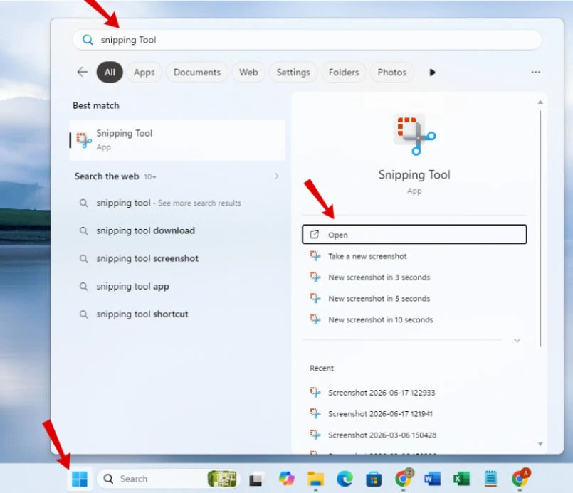 How to Take a Screenshot on a Lenovo Laptop (Windows 10 & 11) 11 Windows Start menu search showing the Snipping Tool app with the Open button selected
